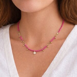 J.Crew Pink Beaded Necklace Pearl Charm Gold Adjustable Coastal Summer Jewelry